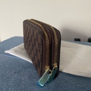 Brown Checkered Leather women's Long Wallet